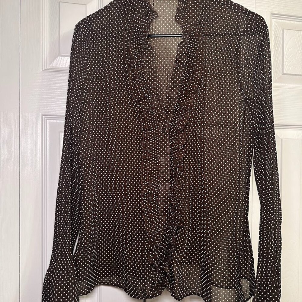 APT.9 Brown w/White Dainty Dots & Ruffled Button Down Women's Medium Vintage Y2K